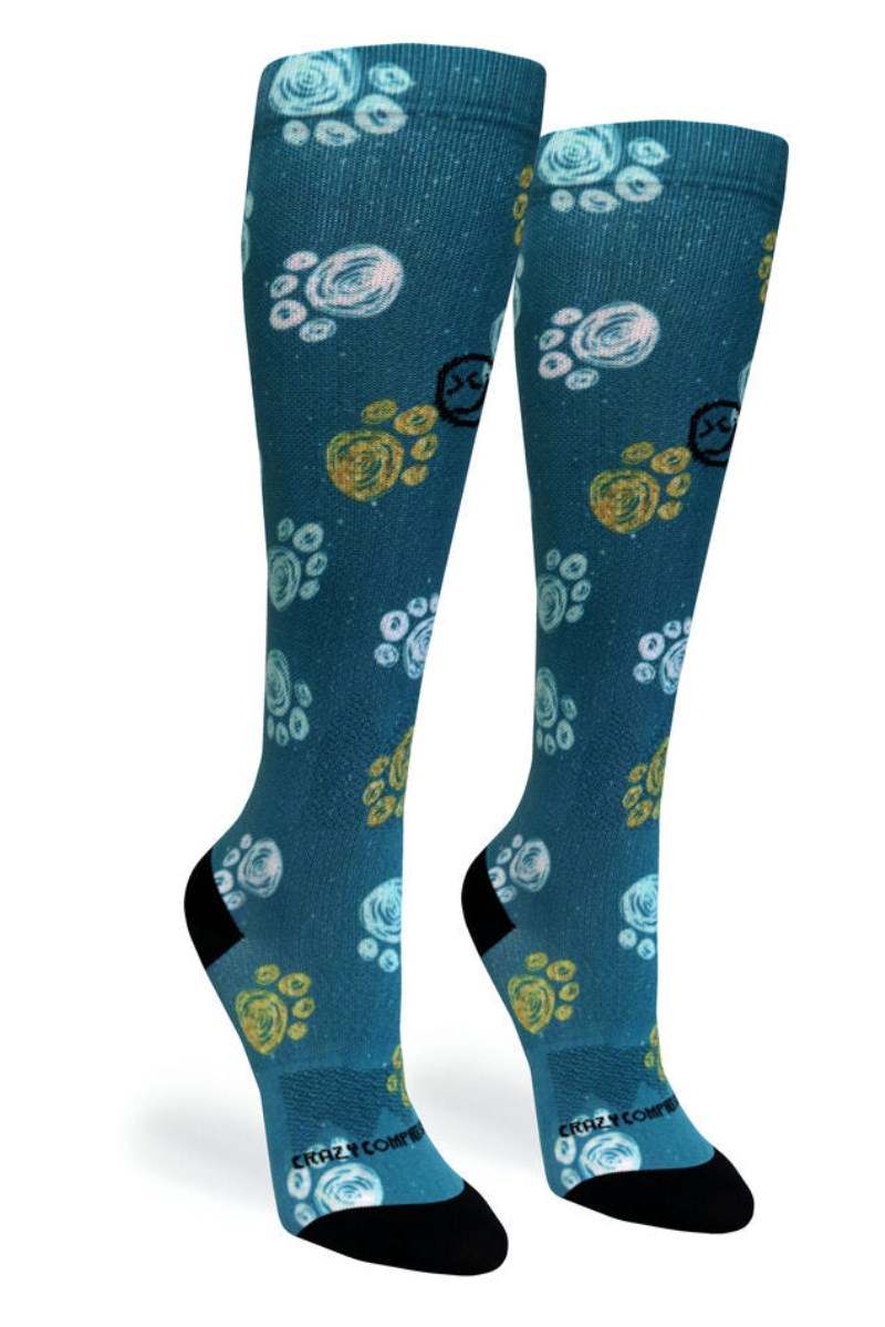 Crazy 360 Best Frens Paw Prints Dk Teal OTC Compression Socks (Standard & Extra Wide)