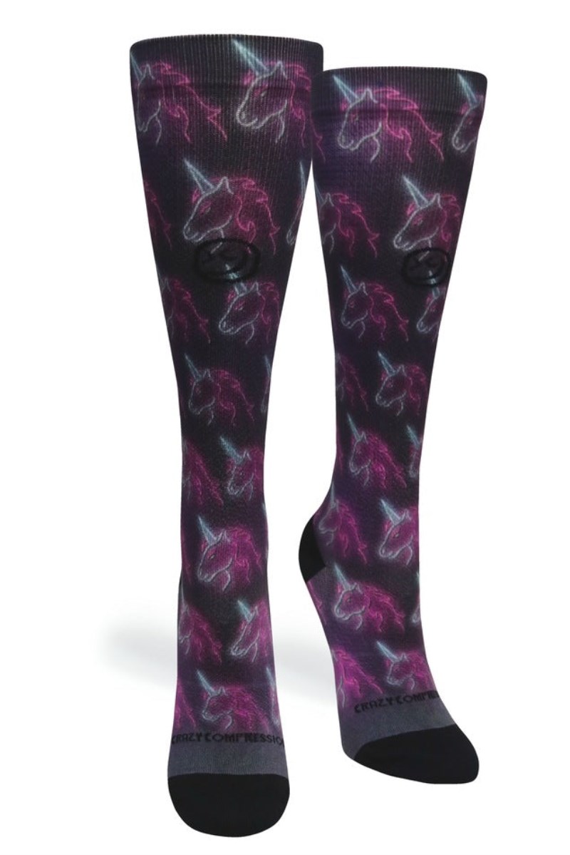 Crazy 360 Black Neon Unicorns OTC Compression Socks (Standard & Extra Wide)