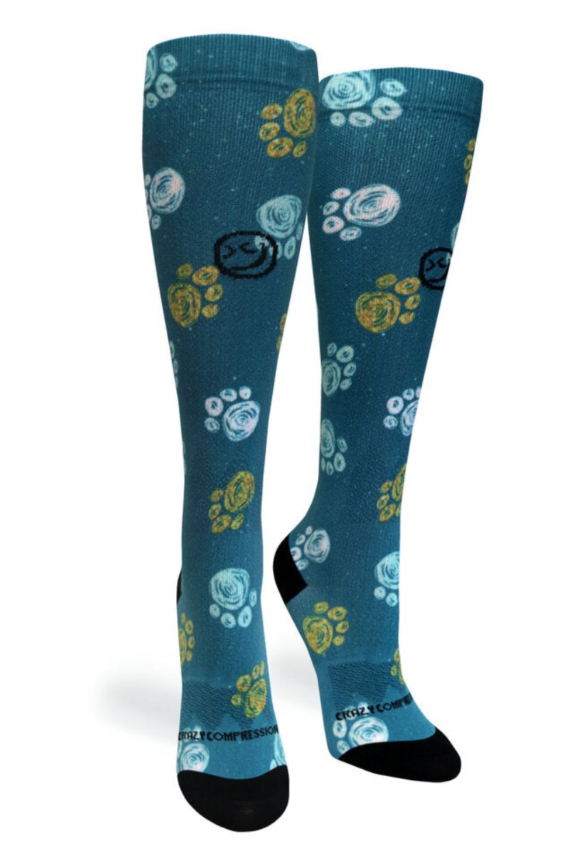 Crazy 360 Best Frens Paw Prints Dk Teal OTC Compression Socks (Standard & Extra Wide)